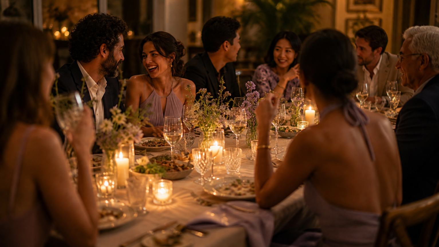 Guests sharing conversation around a candlelit dinner table