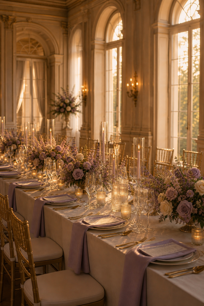 A fully prepared reception seen from the doorway, tapers burning along a long ivory table with lavender and blush florals, glassware and menus set, entirely empty of people