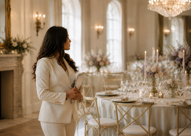 Nafeesha moving through a dressed reception room in the hours before an event, adjusting a place setting as she passes