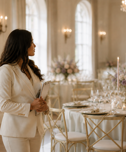 Nafeesha standing quietly at the edge of a finished reception room, looking across the table settings rather than toward the camera