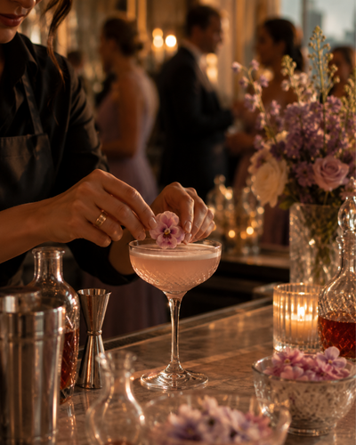 A bartender's hands finishing a blush cocktail in a cut-crystal coupe with an edible flower garnish, guests softly out of focus behind