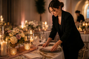 An event coordinator placing the final settings along a candlelit table