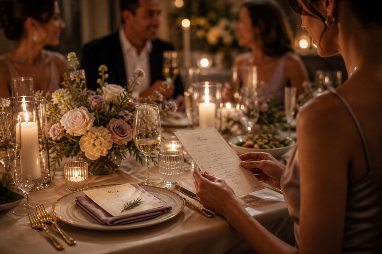 A place setting and glassware on ivory linen in candlelight, part of a longer table