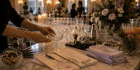 A finished bar in warm candlelight, glassware polished and garnishes arranged, before any guest has reached it