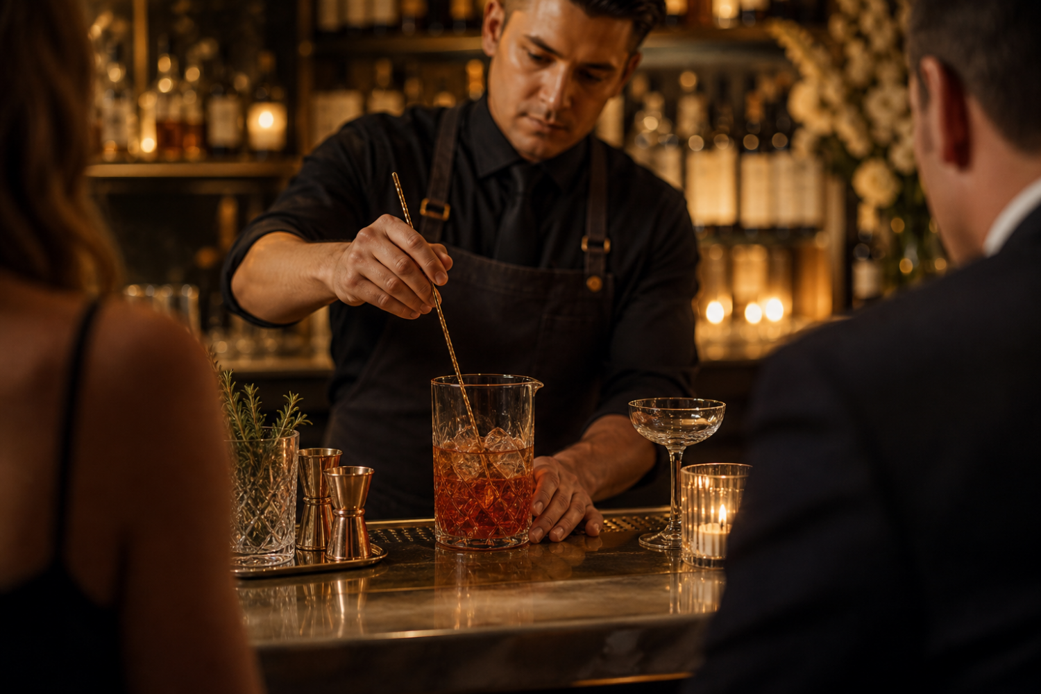 A bartender finishing a drink at a candlelit bar with guests gathered nearby
