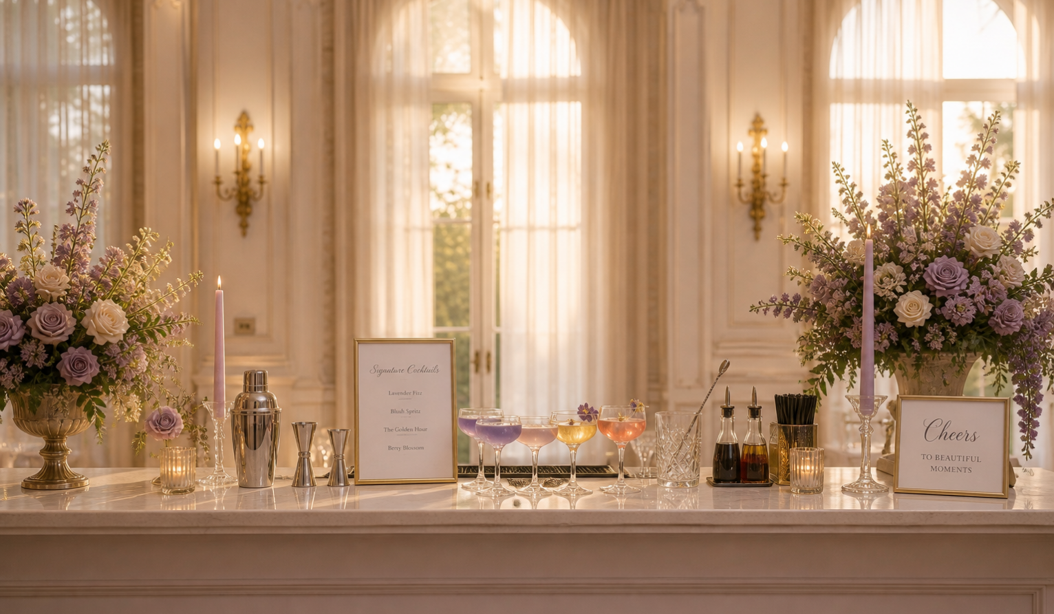 A bartender preparing signature cocktails behind a styled bar at golden hour, guests gathered and talking nearby in warm candlelight