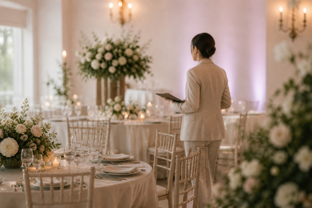 A coordinator across an empty room confirming the placement of a floral arrangement before guests arrive