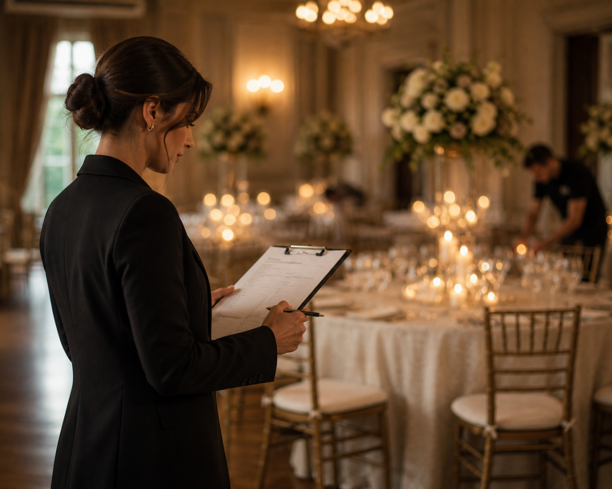 A coordinator at the edge of a finished reception room, quietly checking the setting before guests arrive