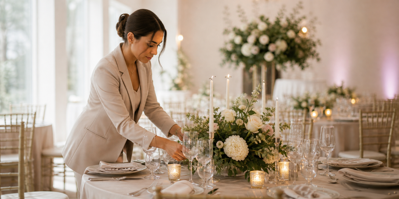 A fully dressed reception room in soft afternoon light, candles lit along the table, with a coordinator small in the far distance making a final adjustment