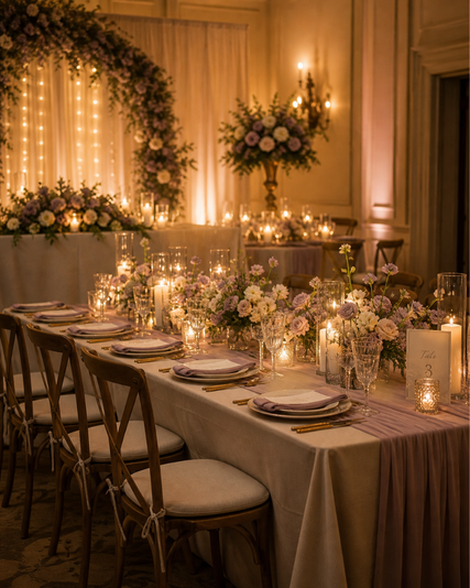 A dressed reception table in candlelight with lavender and blush florals, glassware and folded linen