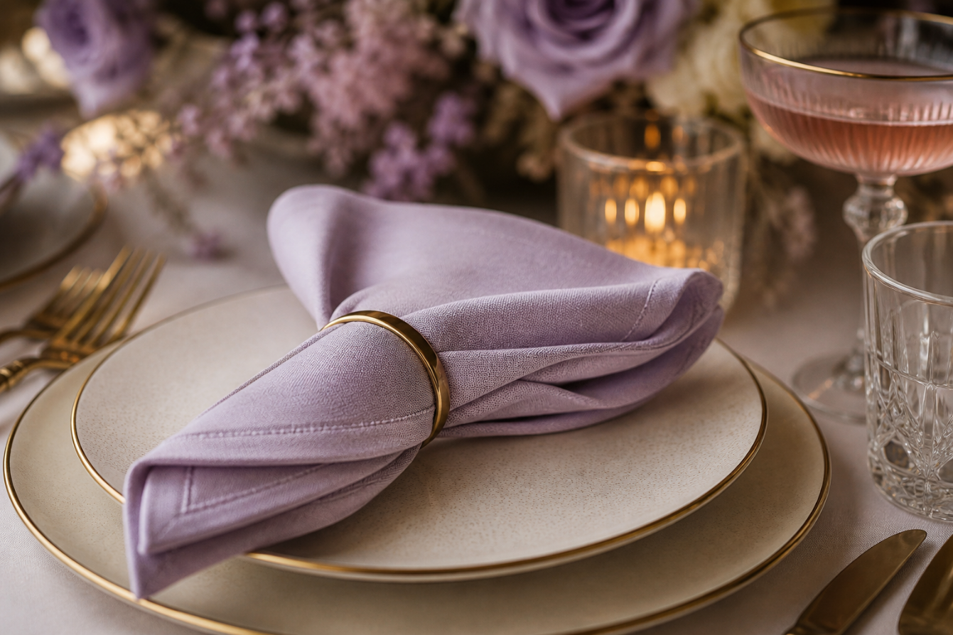 A folded linen napkin resting on an elegant place setting beside crystal glassware and a single floral stem in candlelight