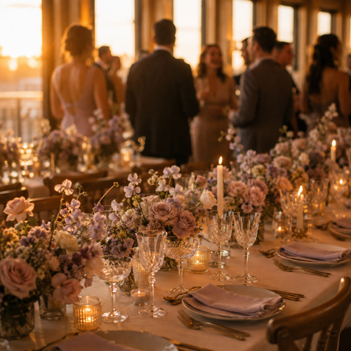 A wedding reception table dressed in ivory linen with lavender florals, tapered candles and crystal glassware, guests talking softly in the golden evening light behind
