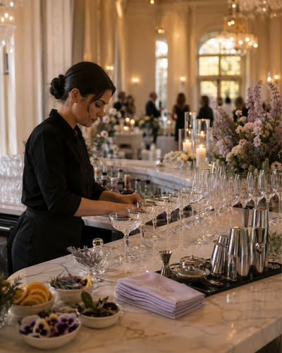 A bartender laying out crystal coupes, citrus and bar tools along a bar top before guests arrive