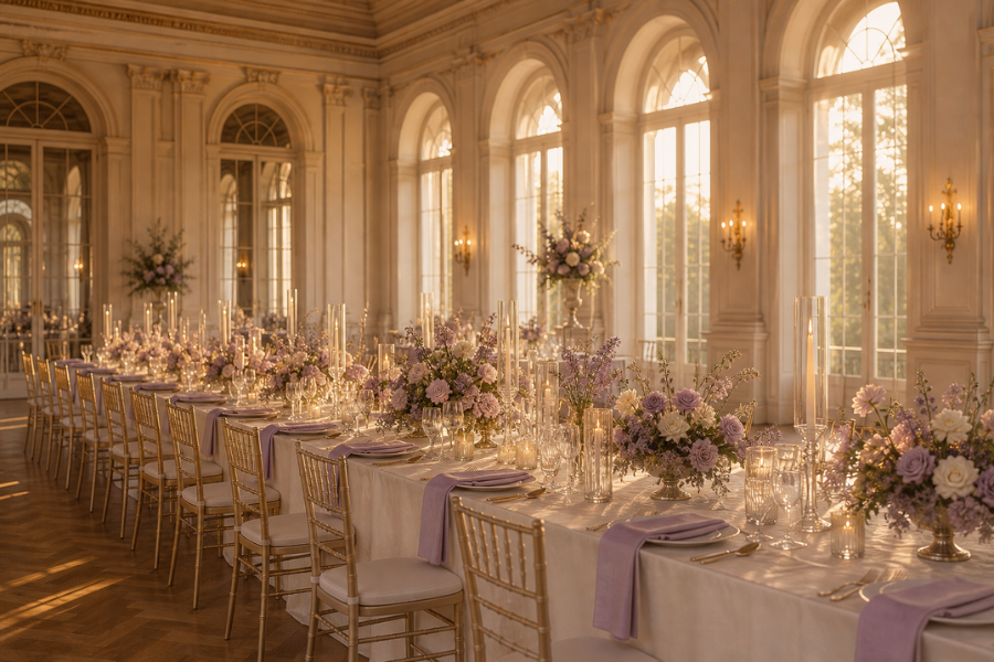 A styled reception room at golden hour, ivory linen running the length of the table with lavender arrangements and lit tapers, empty of people