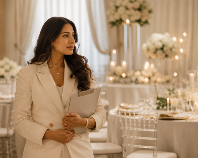 Nafeesa in a finished reception room, mid-conversation with someone out of frame