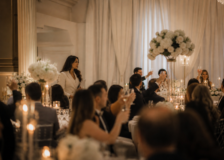 Guests raising glasses at a candlelit reception, with Nafeesha in the middle distance watching the room from its edge