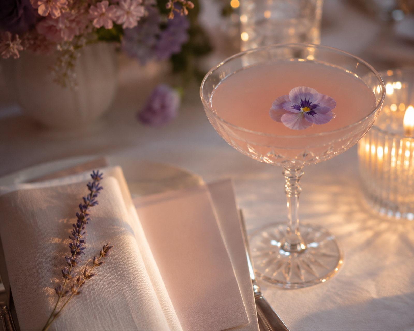 A bartender finishing signature cocktails at a candlelit bar