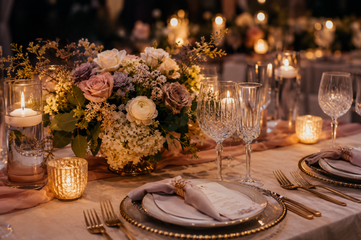A reception table styled with florals, candles and polished glassware