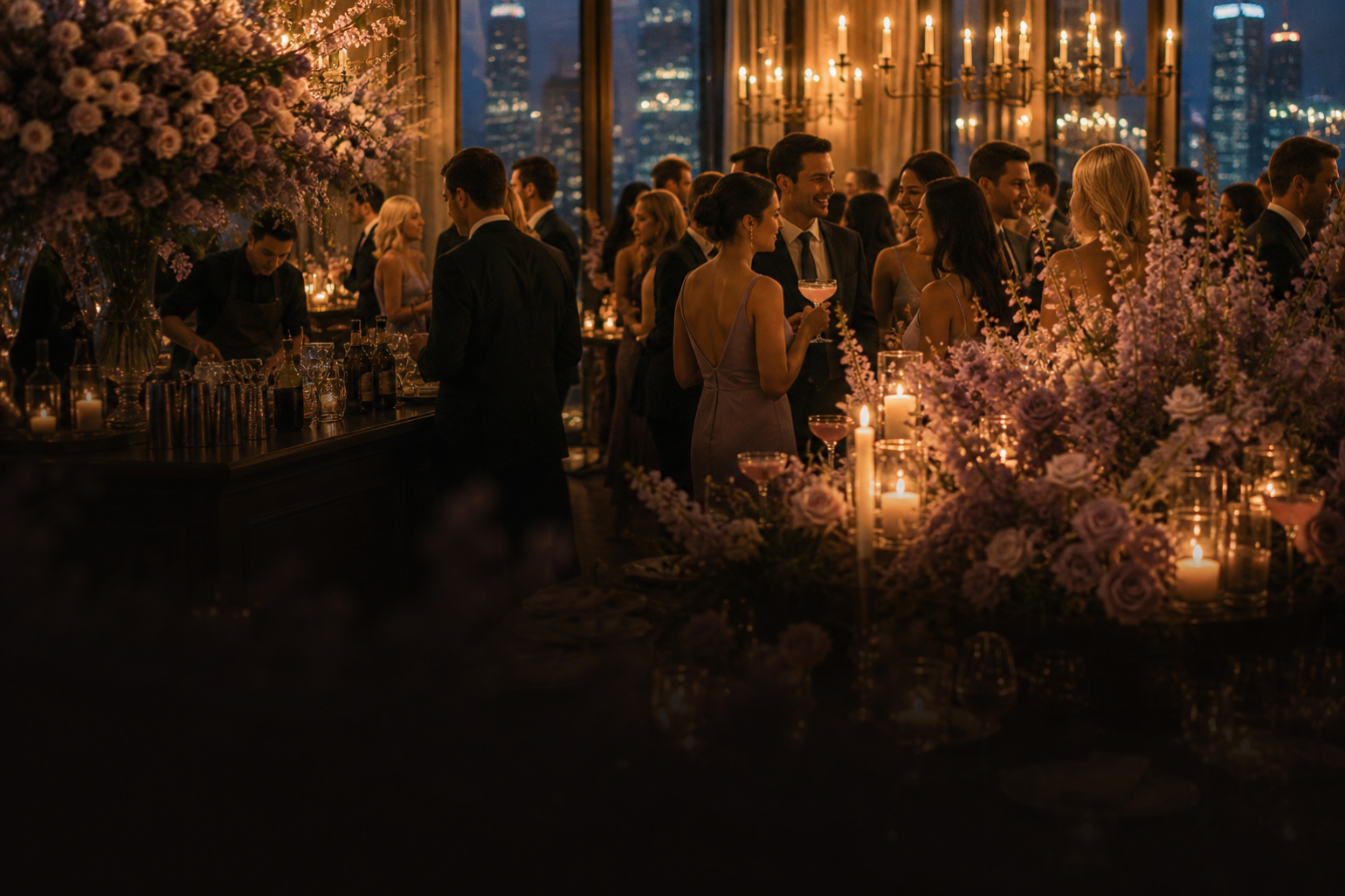 Guests in evening dress talking and laughing around a candlelit bar, cocktails in hand, surrounded by lavender and blush florals with the city lit beyond the windows