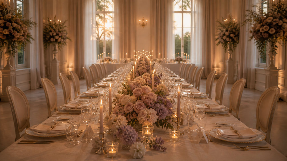 A fully styled reception room at golden hour, ivory linen and lavender florals along a long table, tapered candles lit, entirely empty of people
