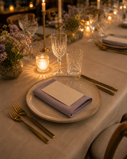 A single place setting prepared within a larger candlelit dinner table