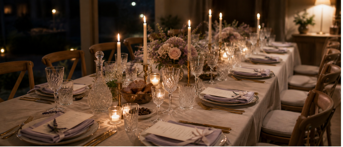 A long table set for dinner in candlelight, chairs waiting, menu cards and glassware at each place, nobody yet seated