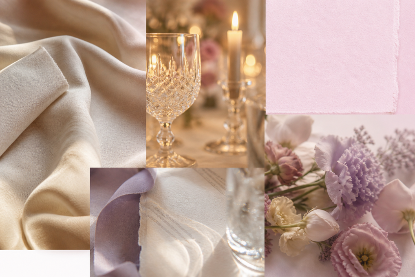 A folded linen napkin resting at the edge of a place setting, with lavender stems and candlelight beyond