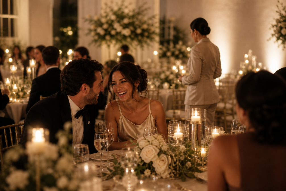 A guest mid-laugh in conversation at a candlelit reception, entirely absorbed in the moment, with a coordinator small and out of focus in the distance