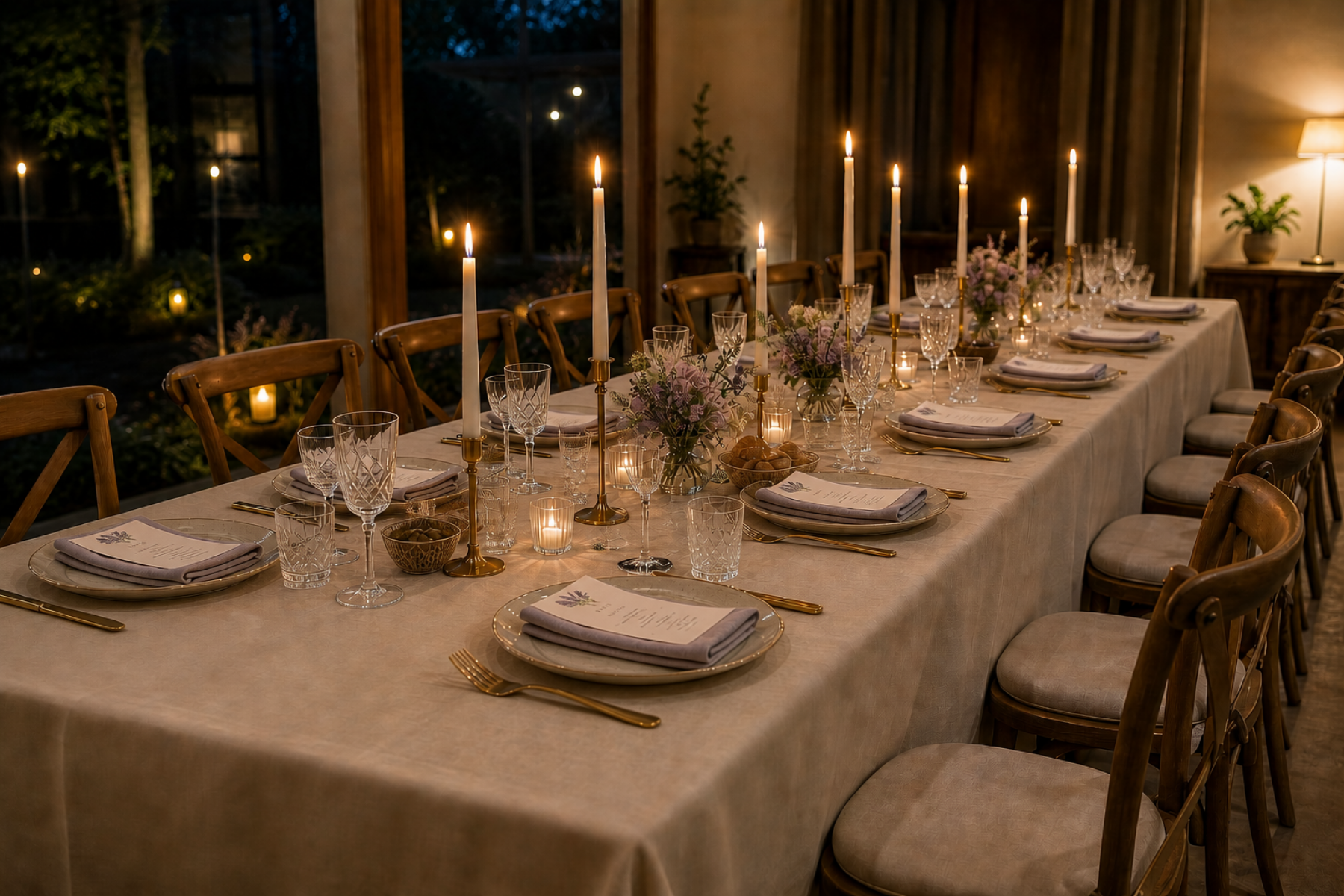 A table set for dinner in candlelight — ivory linen, place settings, folded napkins, glassware, menu cards and low florals, complete and waiting